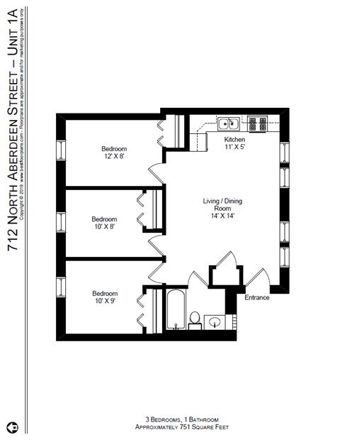 Floor plan for 3 beds, 1 bath, 762 sqft